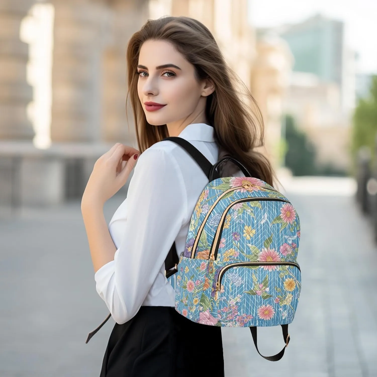 Botanical Pattern Blue Multifloral Campus Backpack Purse Bookbag Quilted Backpack for Women 13" Laptop Backpack Stylish Printed Rucksack with Multiple Pockets Lightweight Travel