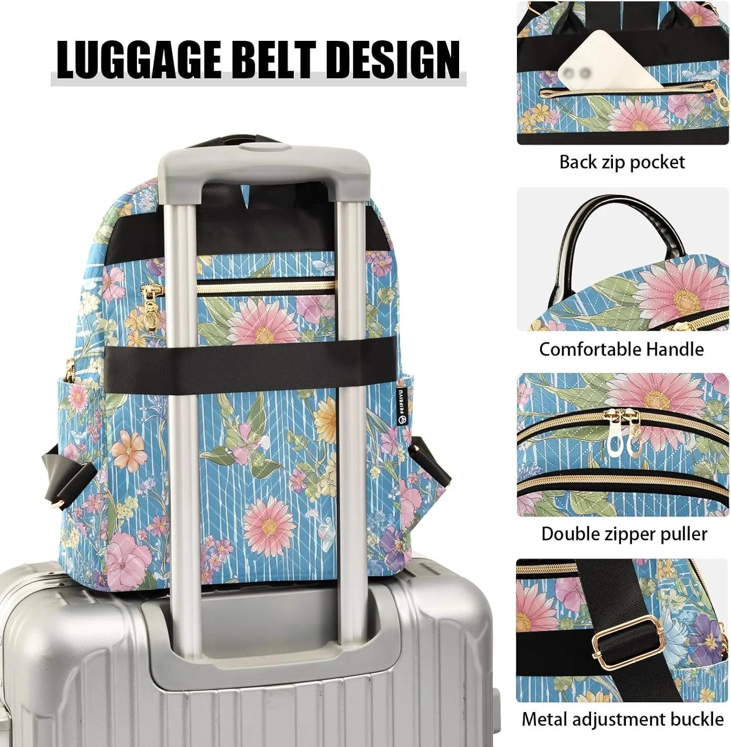 Botanical Pattern Blue Multifloral Campus Backpack Purse Bookbag Quilted Backpack for Women 13" Laptop Backpack Stylish Printed Rucksack with Multiple Pockets Lightweight Travel