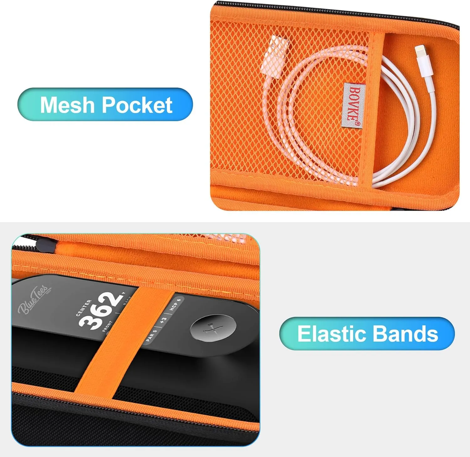BOVKE Carrying Case Compatible with Blue Tees Golf Player  GPS Speaker with Touch Screen Display, Portable Golf GPS Speaker Holder with Extra Space for Charging Cables, Black Orange