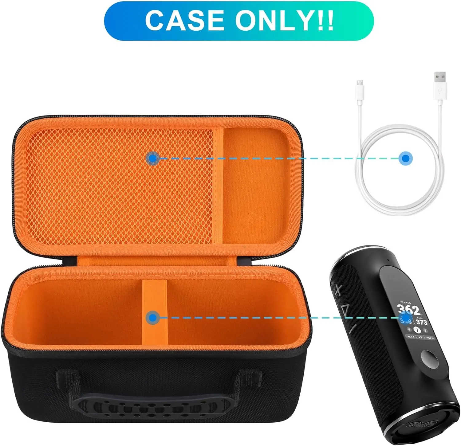 BOVKE Carrying Case Compatible with Blue Tees Golf Player  GPS Speaker with Touch Screen Display, Portable Golf GPS Speaker Holder with Extra Space for Charging Cables, Black Orange