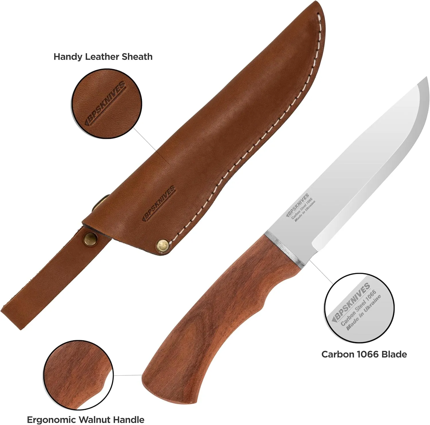BPS Knives BK06 Camp Knife With Leather Sheath - Large Hunting Outdoor Fixed Blade Carbon Steel Camping Scandi Grid Hard Wood Walnut Handle With Sheath