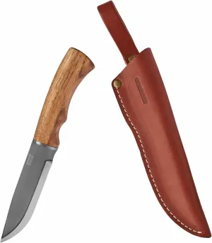 BPS Knives BK06 Camp Knife With Leather Sheath - Large Hunting Outdoor Fixed Blade Carbon Steel Camping Scandi Grid Hard Wood Walnut Handle With Sheath