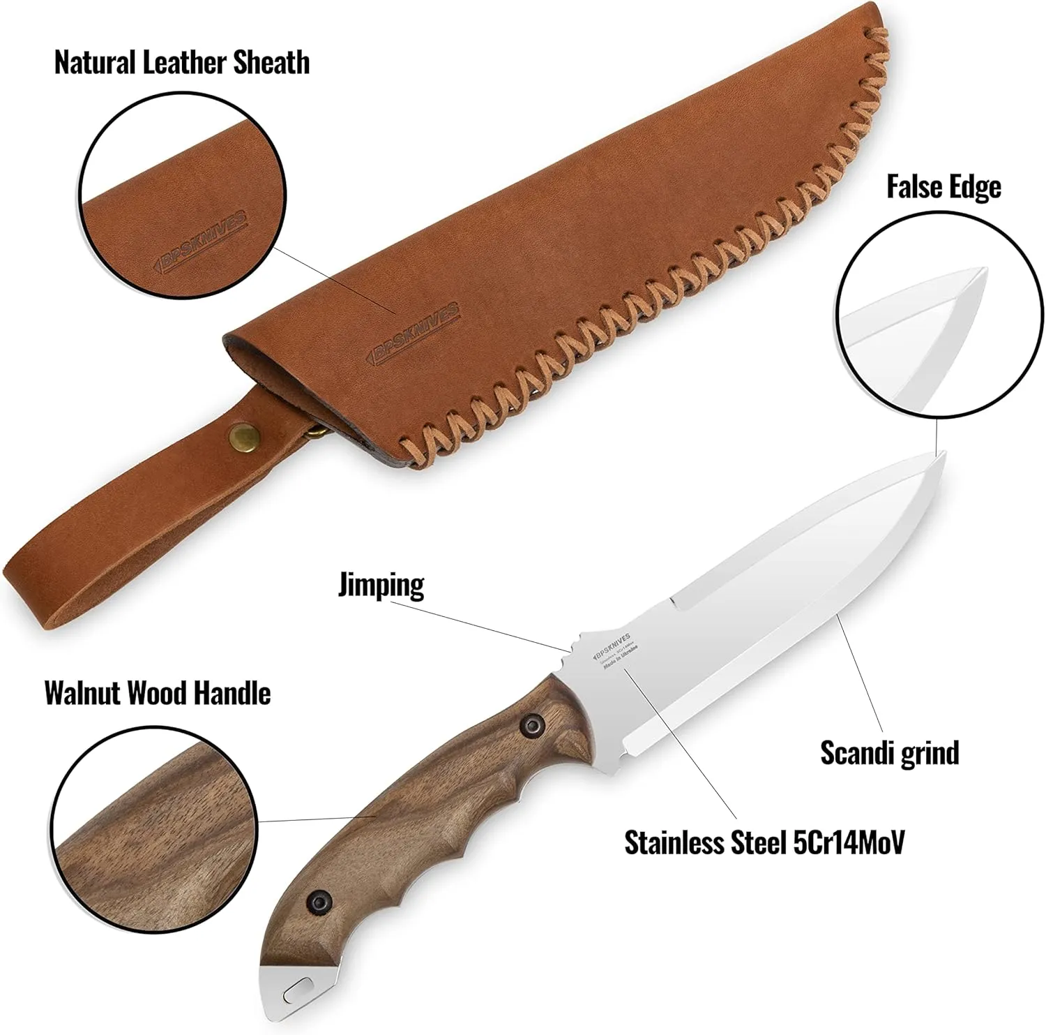 BPS Knives HK2 SSH - Handmade Stainless Steel Knife - Fixed Blade Full Tang Camping Hunting Bushcraft Knife With Leather Sheath - Outdoor Knives - Scandinavian Camp