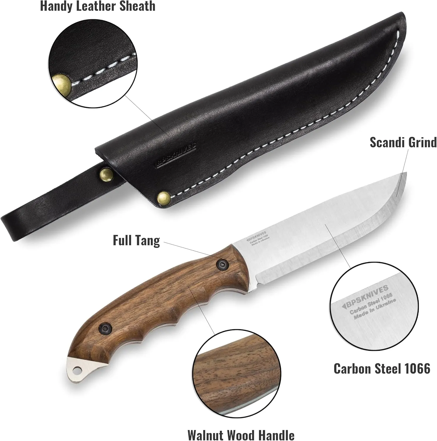 BPS Knives HK5 CSH - Full-Tang Camping Knife with Leather Sheath - Survival Tactical Utility Knife - Scandinavian Sharpened Carbon Steel