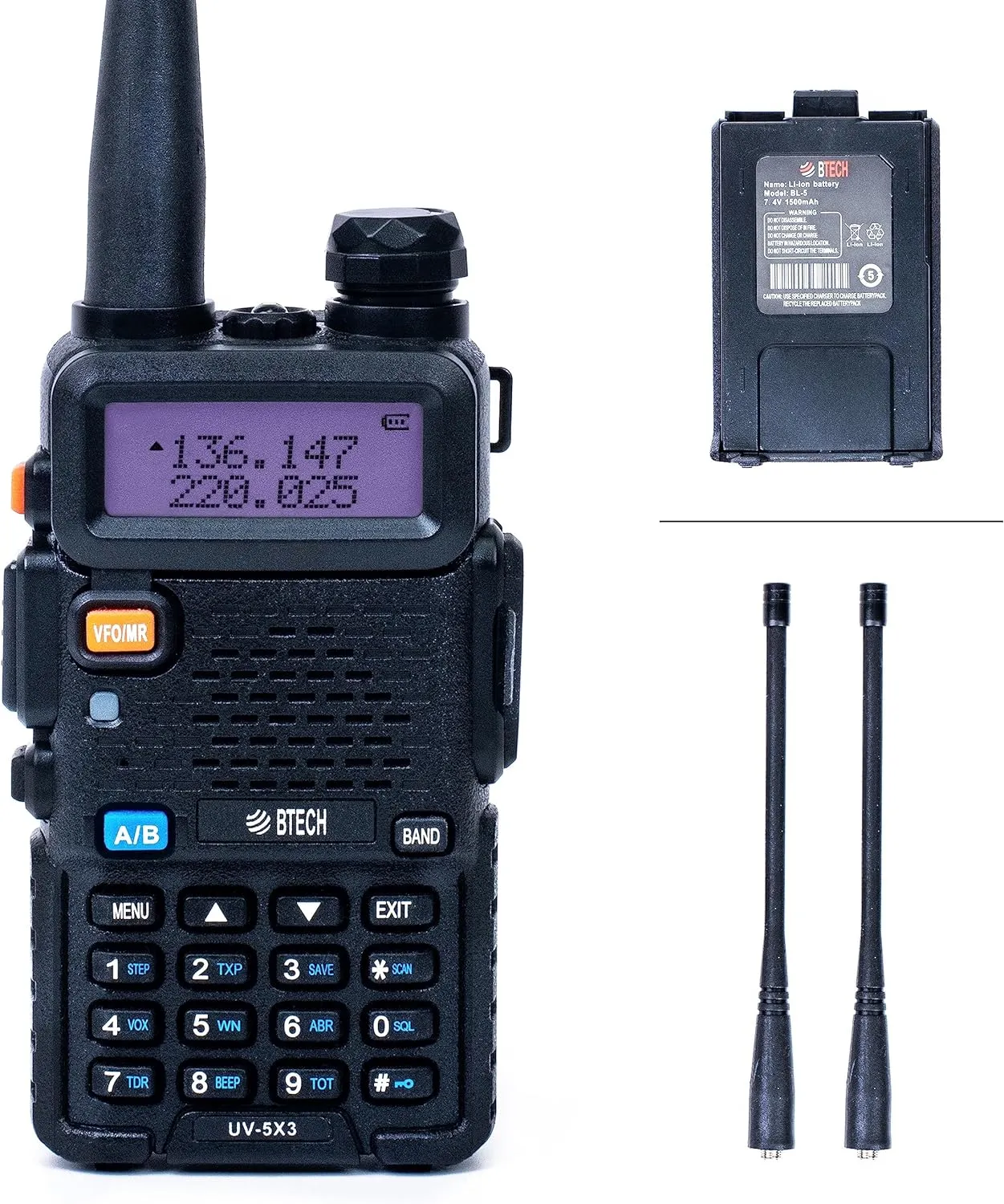 BTECH UV-5X3 Tri-Band Radio: High-Power Amateur Handheld with USB-C Charging - VHF, 1.25M, UHF - Customizable Features - Comprehensive Accessory Bundle Included
