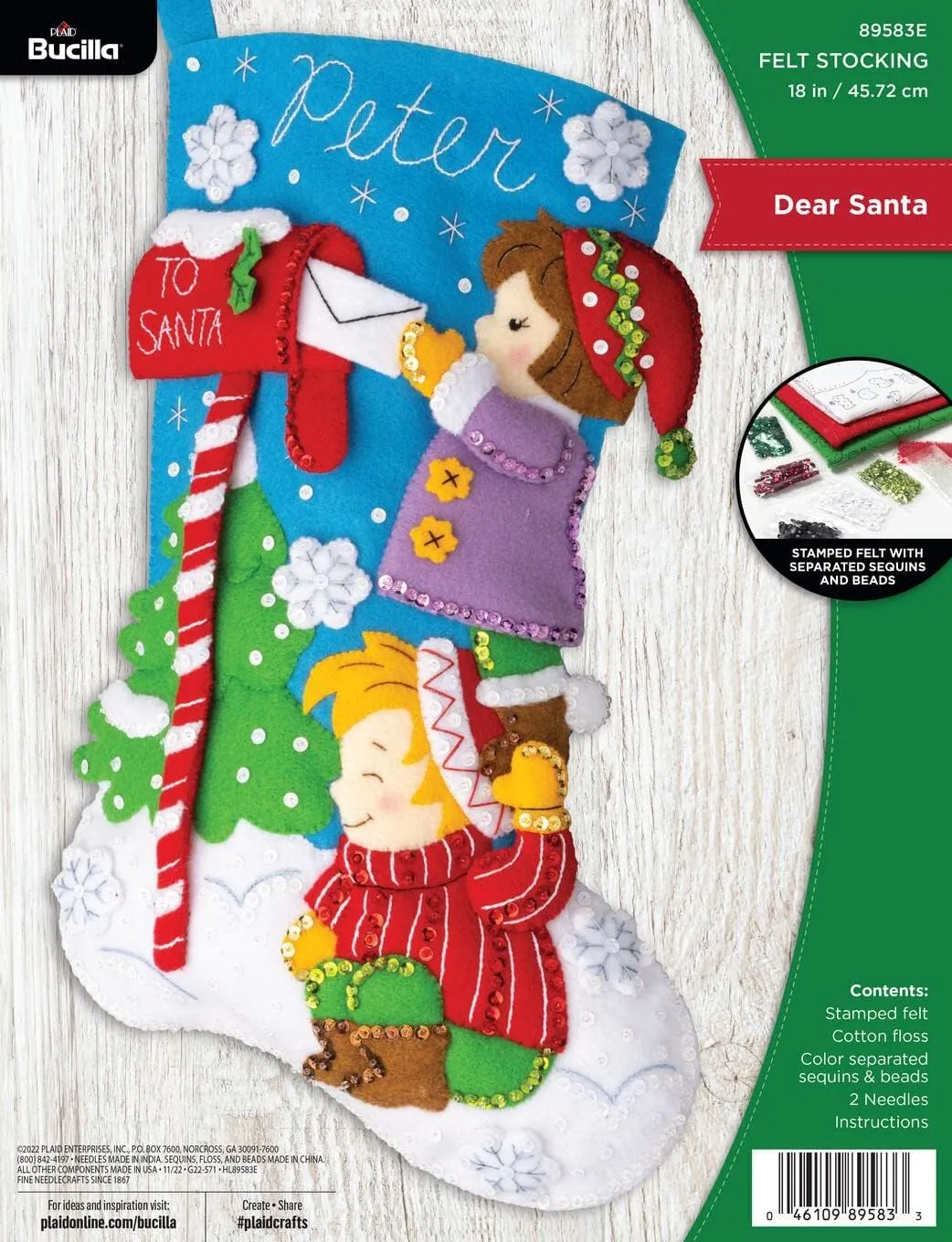 Bucilla, Dear Santa, Felt Applique 18" Stocking Making Kit, Perfect for DIY Arts and Crafts, 89583E