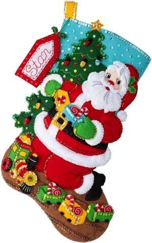 Bucilla Felt Applique 18" Stocking Making Kit, Toy Train Santa, Perfect for DIY Arts and Crafts, 89485E