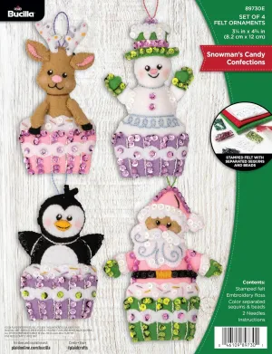 Bucilla, Snowman's Candy Confections, Felt Applique 4 Piece Ornament Making Kit, Perfect for DIY Arts and Crafts, 89730E