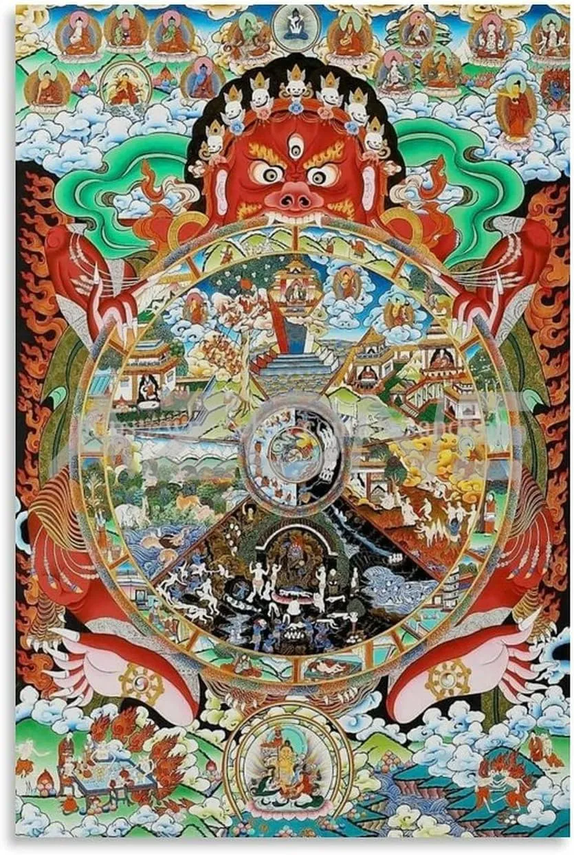 Buddhist Thangka Wheel of Life Art Poster 4 Canvas Painting Posters And Prints Wall Art for Living Room Bedroom Decor 24x36inch(60x90cm)