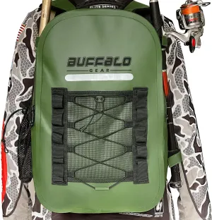 Buffalo Gear Waterproof Fishing Backpack with Rod Holder, 26L Fly Fishing Tackle Storage, 12.2x7.5x18.9in, Green
