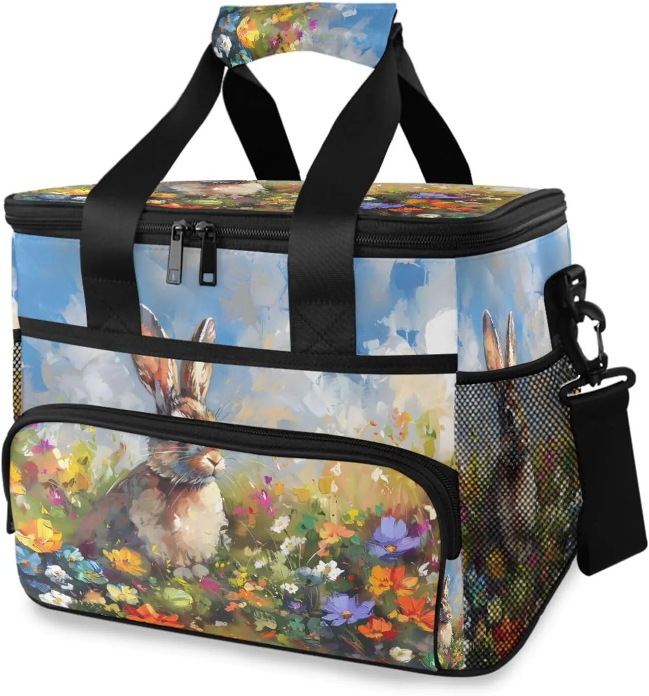 Bunny Flowers Pattern Cooler Bag Insulated Cooler Soft Sided Cooler 24 Can Portable Picnic Bag Large Leakproof Lunch Bag Box for Beach Grocery Camping Travel Car Men Women