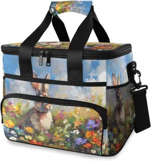 Bunny Flowers Pattern Cooler Bag Insulated Cooler Soft Sided Cooler 24 Can Portable Picnic Bag Large Leakproof Lunch Bag Box for Beach Grocery Camping Travel Car Men Women