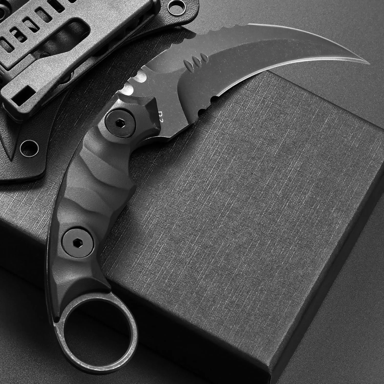 C1691N Fixed Blade Knife,D2 Steel Nylon Fiberglass Handle Outdoor Claw Knife for Survival, Hiking, Camping with Kydex Sheaths(Black)