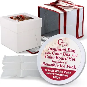 Cakebon Cake Box and Boards, 8-Inch Round White Wrapped Edges 1/2- Inch Thick Drums with Insulated Bag and Ice Pack – Cake Transport Set, Cooler for Cake Delivery and Transport (1pc Each, 4pcs Total)