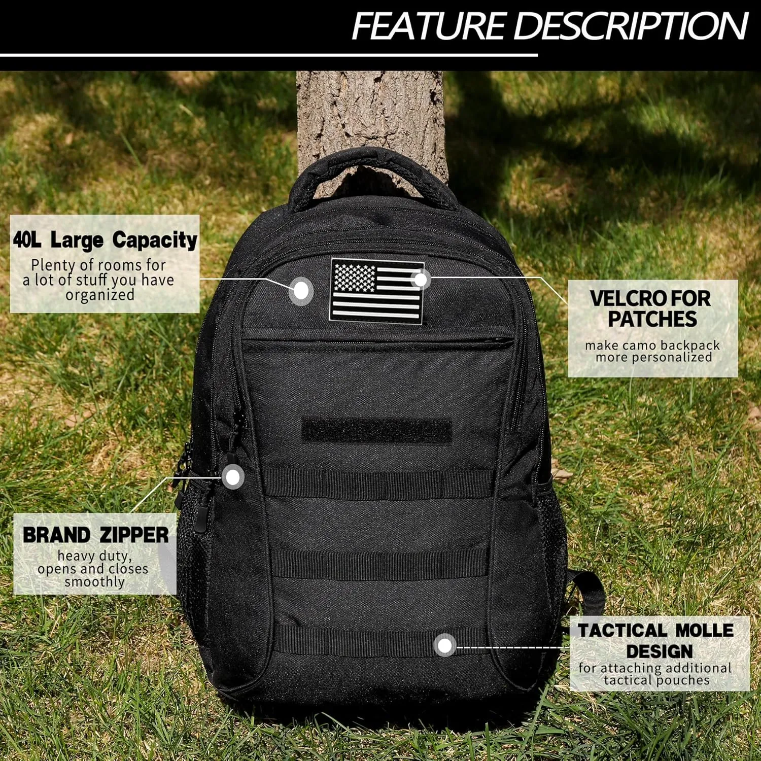 Camo Backpack 40L Military Elementary Middle School Boys Backpack Molle with USB Charging Port & Flag Patch