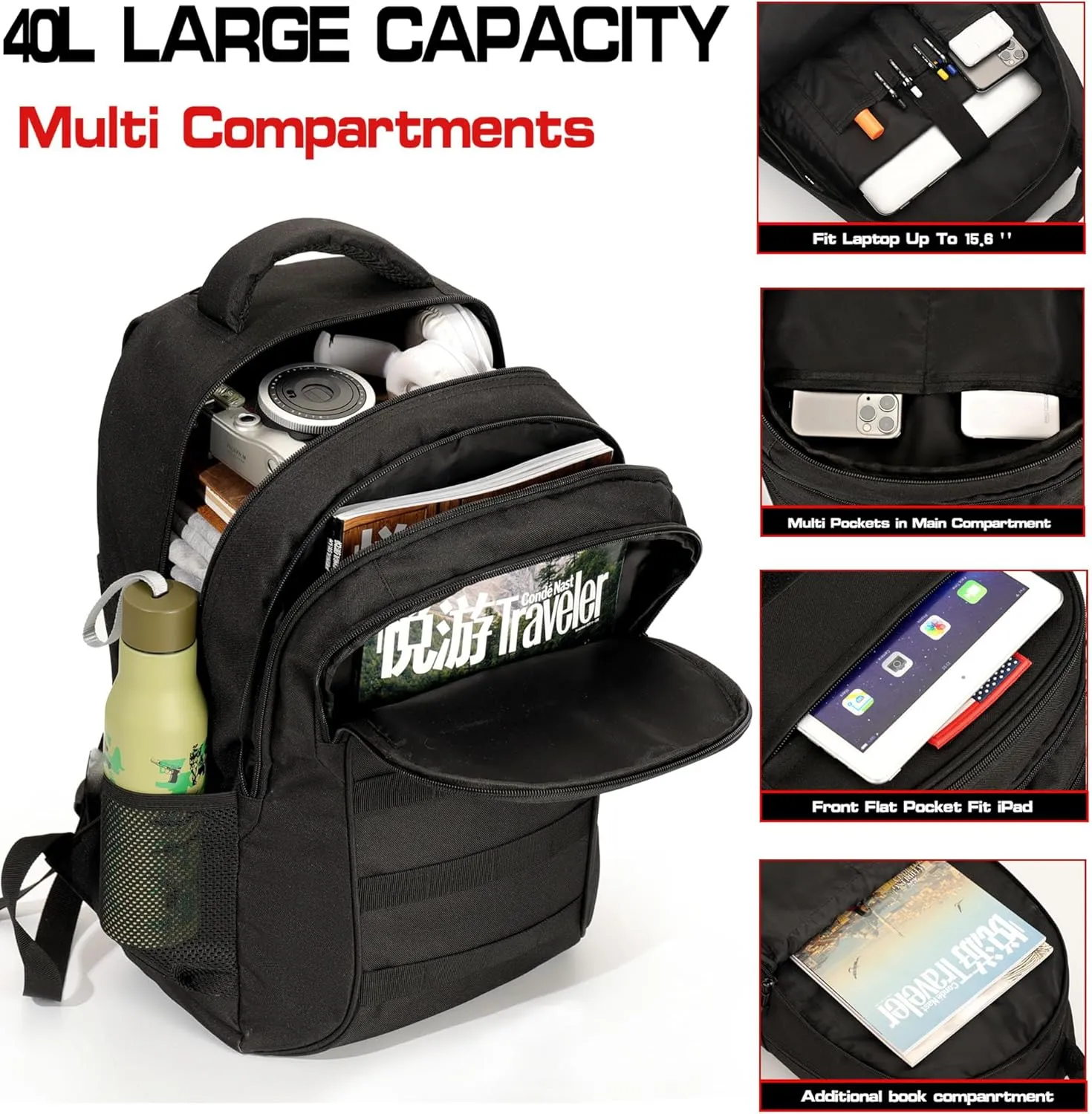 Camo Backpack 40L Military Elementary Middle School Boys Backpack Molle with USB Charging Port & Flag Patch