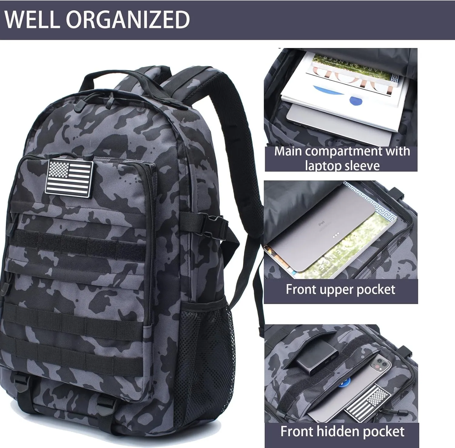 Camo Backpack for Boys,Kids Army Backpack Boys with USA Flag Patch,35L Waterproof Tactical School Backpack for Travel Outdoor