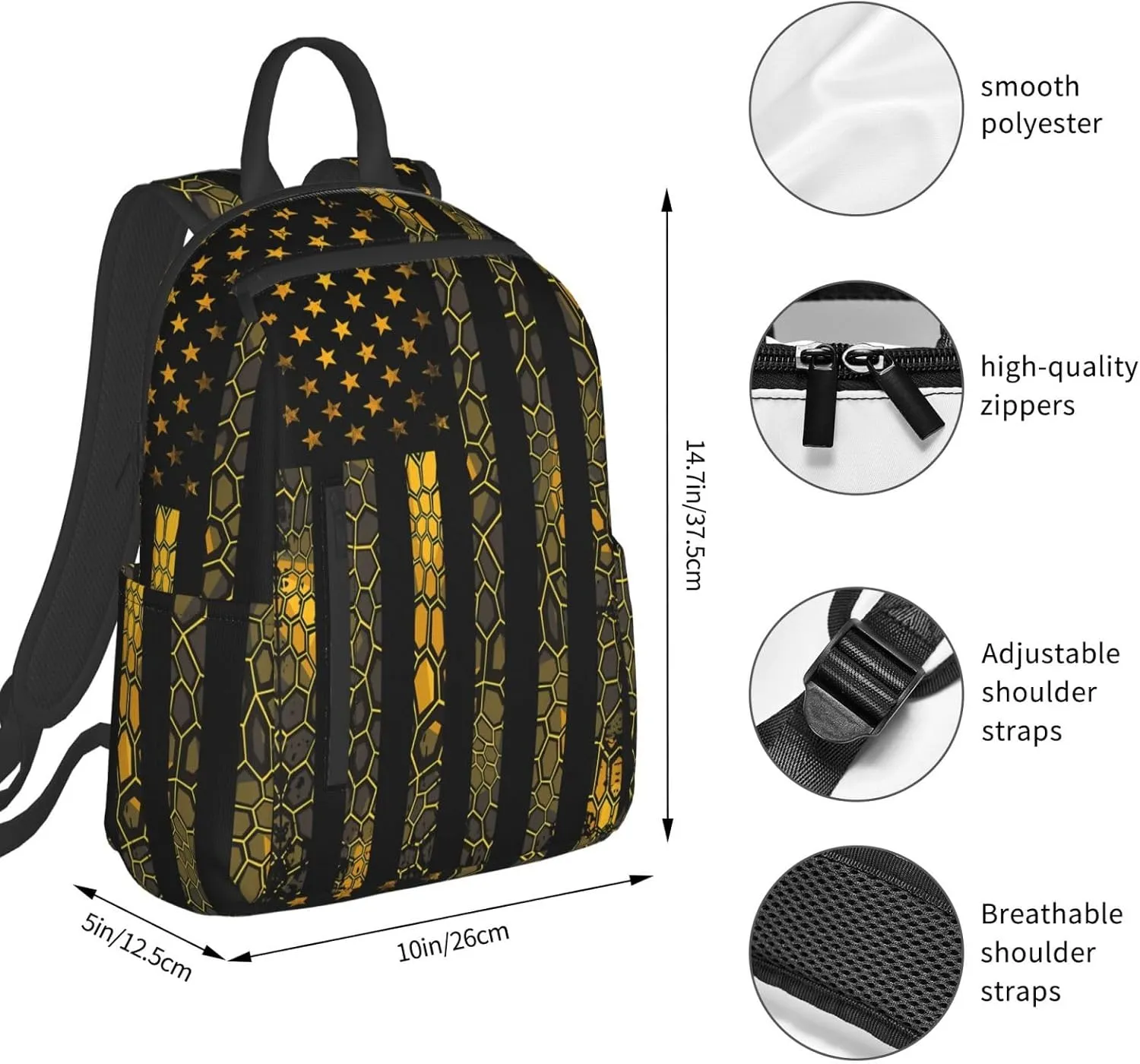 Camo Grunge American Flag Casual Backpacks Laptop Backpack Outdoor Travel Rucksack Sport Carry-On Daypack Lightweight Bag with Multi-Pockets