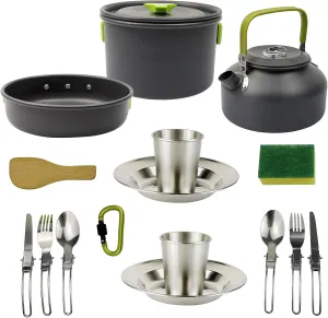 Camping Cookware Camping Cookware Mess Kit Portable Outside Camping Cooking Set Lightweight Camping Pots and Pans Outdoor Camping Cookware (Color : Green, Size : 2-3 People) (Green 2)