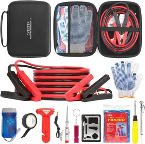 Car Emergency Kit,Auto Vehicle Truck Safety Emergency Road Side Assistance Kits with Jumper Cables,Safety Hammer,Black