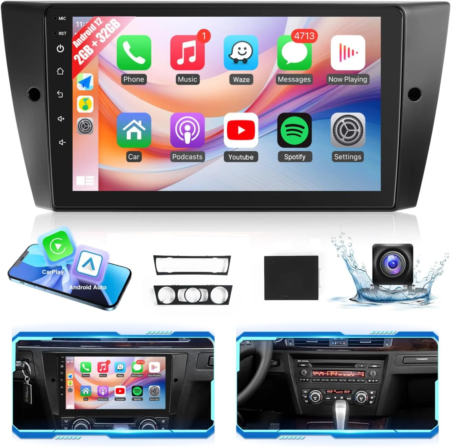 Car Stereo for BMW 3 Series 328i 335i 325i E90 E91 E92 E93 2005-2011 Radio Wireless CarPlay Android Auto, Leadfan 9-in IPS Touch Screen for BMW 328i Stereo BT/FM DSP/GPS/WiFi/SWC   CANBUS   Camera