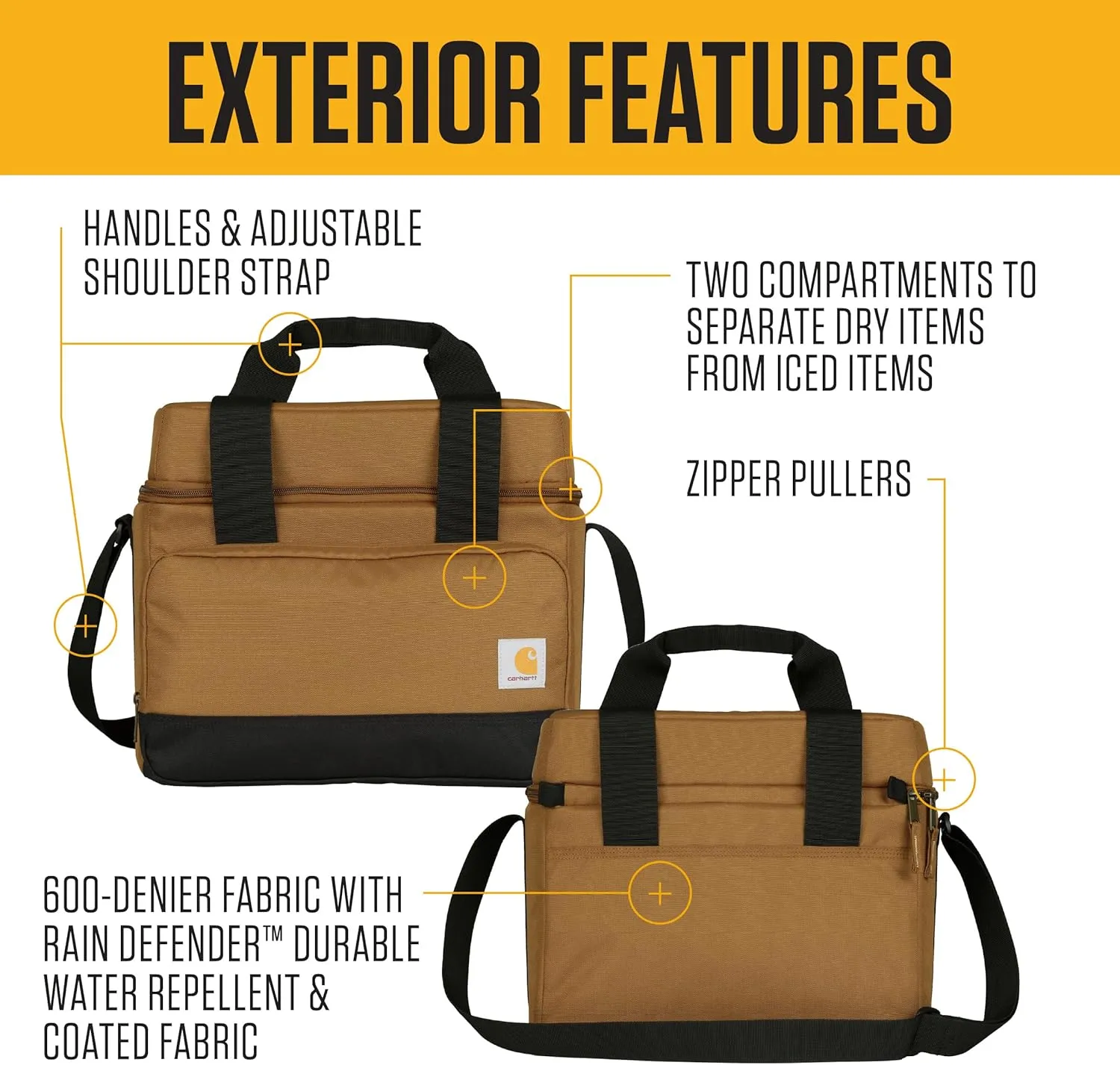 Carhartt Insulated Two Compartment Cooler, Durable Water Repellent Material W/Front Zippered Pocket for Camping, Beach & Travel
