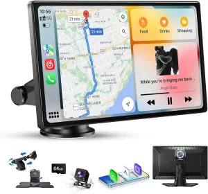 Carplay Screen for Car, 9" Portable Wireless Carplay Screen with 4K Dash Cam, 1080P Backup Camera, Car Stereo for Carplay & Android Auto GPS Navigation/Bluetooth/Mirror Link/Voice Control/AUX/FM/Siri