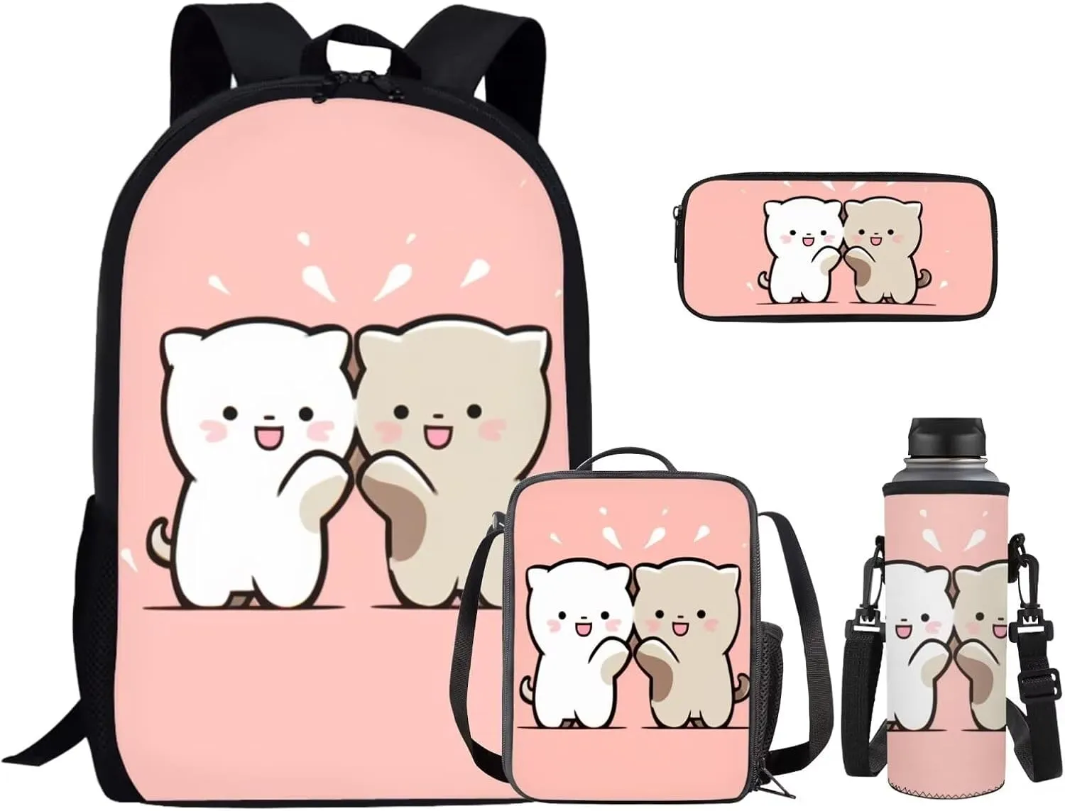 Cartoon Cat 4 Piece School Backpack Set with Lunch Box Pencil Case and Water Bottle Case Cover Backpack for School Girls School Backpack Lightweight Casual Daypacks Gift for Girls Boys
