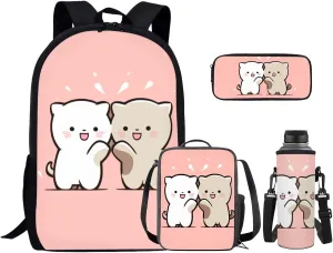 Cartoon Cat 4 Piece School Backpack Set with Lunch Box Pencil Case and Water Bottle Case Cover Backpack for School Girls School Backpack Lightweight Casual Daypacks Gift for Girls Boys