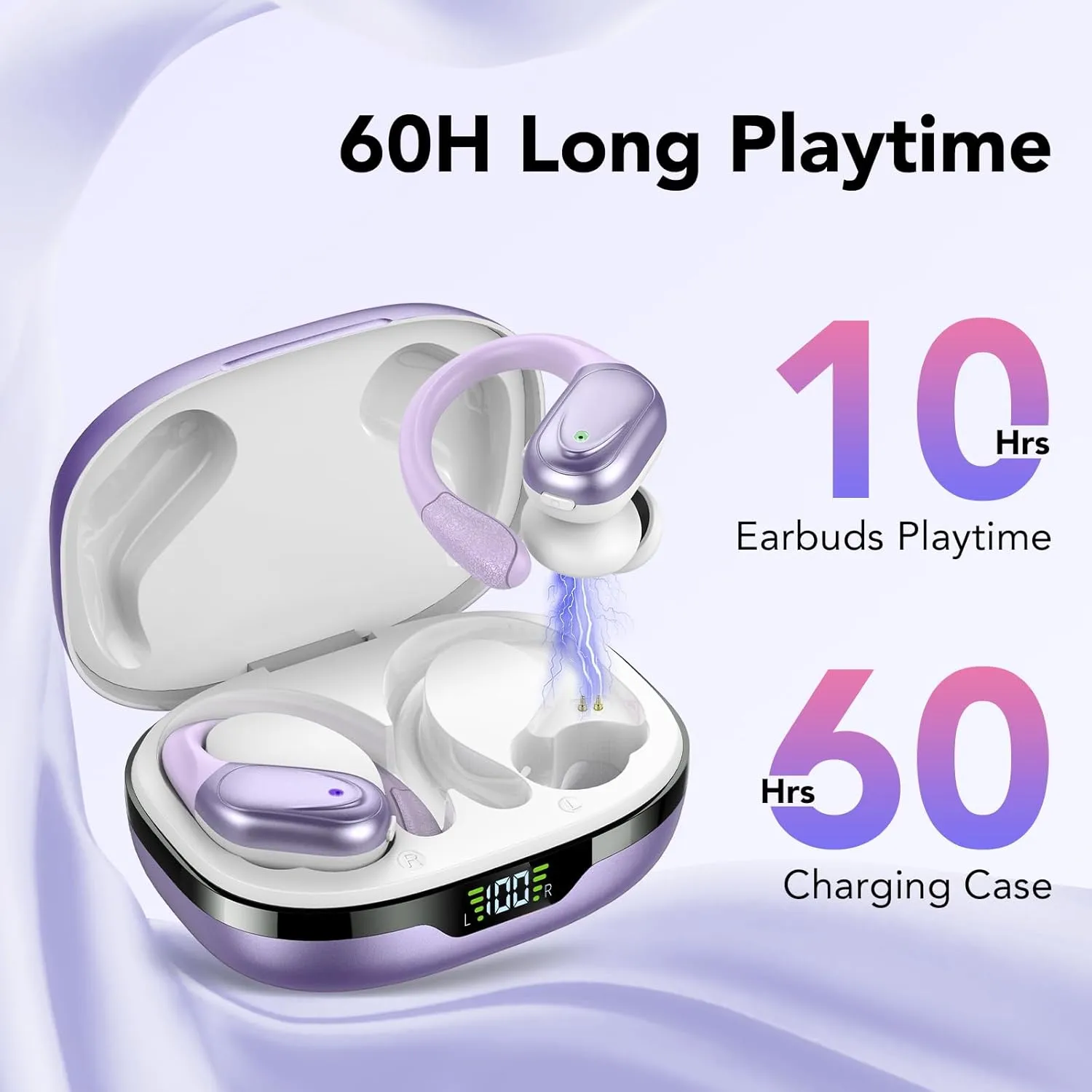 CASCHO Ear Buds Wireless Earbuds Bluetooth 5.3 Headphones 60hrs Playtime with Digital Display Sports Wireless Headphones with Earhook Deep Bass IPX7 Waterproof Over-Ear Earbuds for Android iOS Purple
