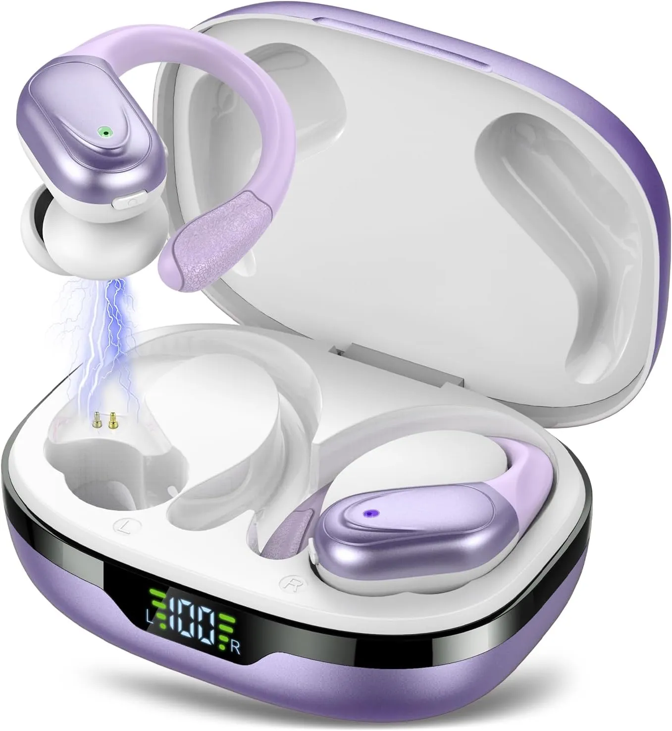 CASCHO Ear Buds Wireless Earbuds Bluetooth 5.3 Headphones 60hrs Playtime with Digital Display Sports Wireless Headphones with Earhook Deep Bass IPX7 Waterproof Over-Ear Earbuds for Android iOS Purple