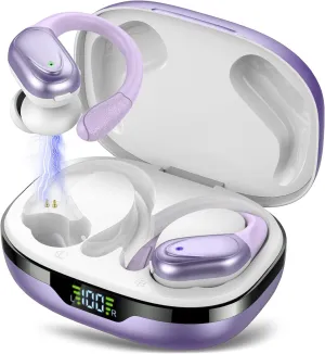 CASCHO Ear Buds Wireless Earbuds Bluetooth 5.3 Headphones 60hrs Playtime with Digital Display Sports Wireless Headphones with Earhook Deep Bass IPX7 Waterproof Over-Ear Earbuds for Android iOS Purple