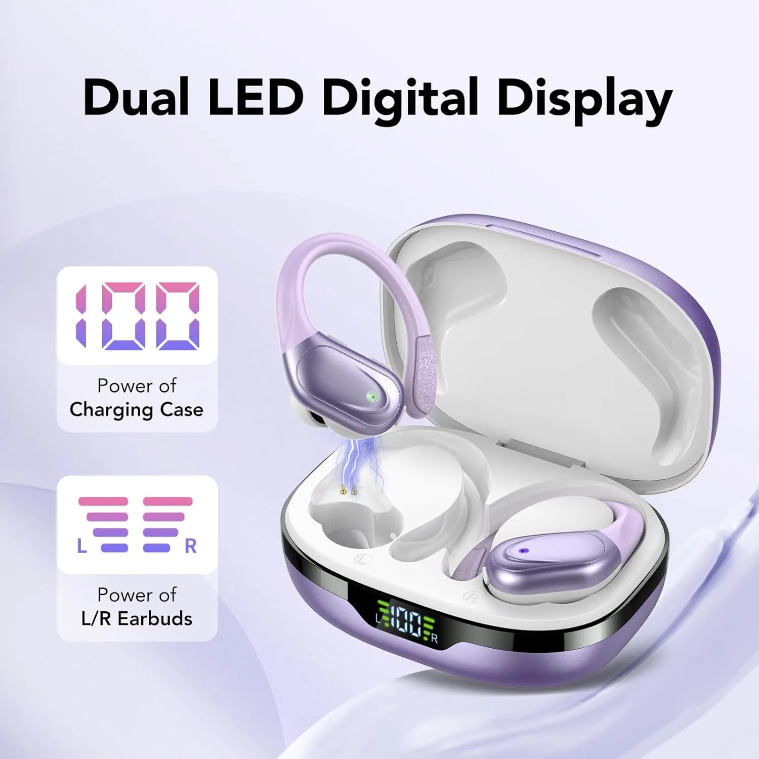 CASCHO Ear Buds Wireless Earbuds Bluetooth 5.3 Headphones 60hrs Playtime with Digital Display Sports Wireless Headphones with Earhook Deep Bass IPX7 Waterproof Over-Ear Earbuds for Android iOS Purple