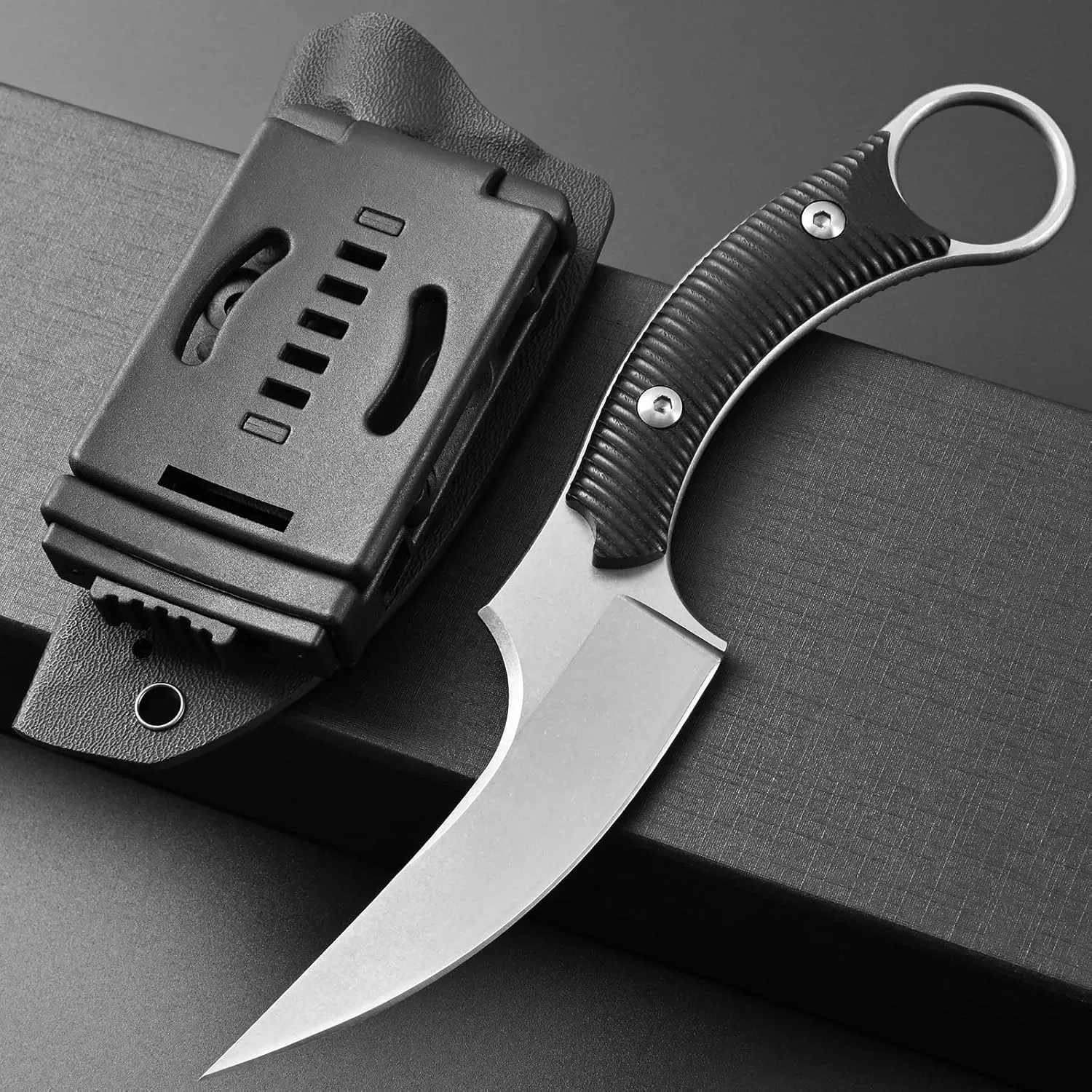 Ccanku C1490 Fixed Blade Knives 8 Inch Claw Knife D2 Blade Steel & G10 Handle Outdoor EDC Knife Suitable for Outdoor, Survival, Bushcraft with K Sheath(Silver)