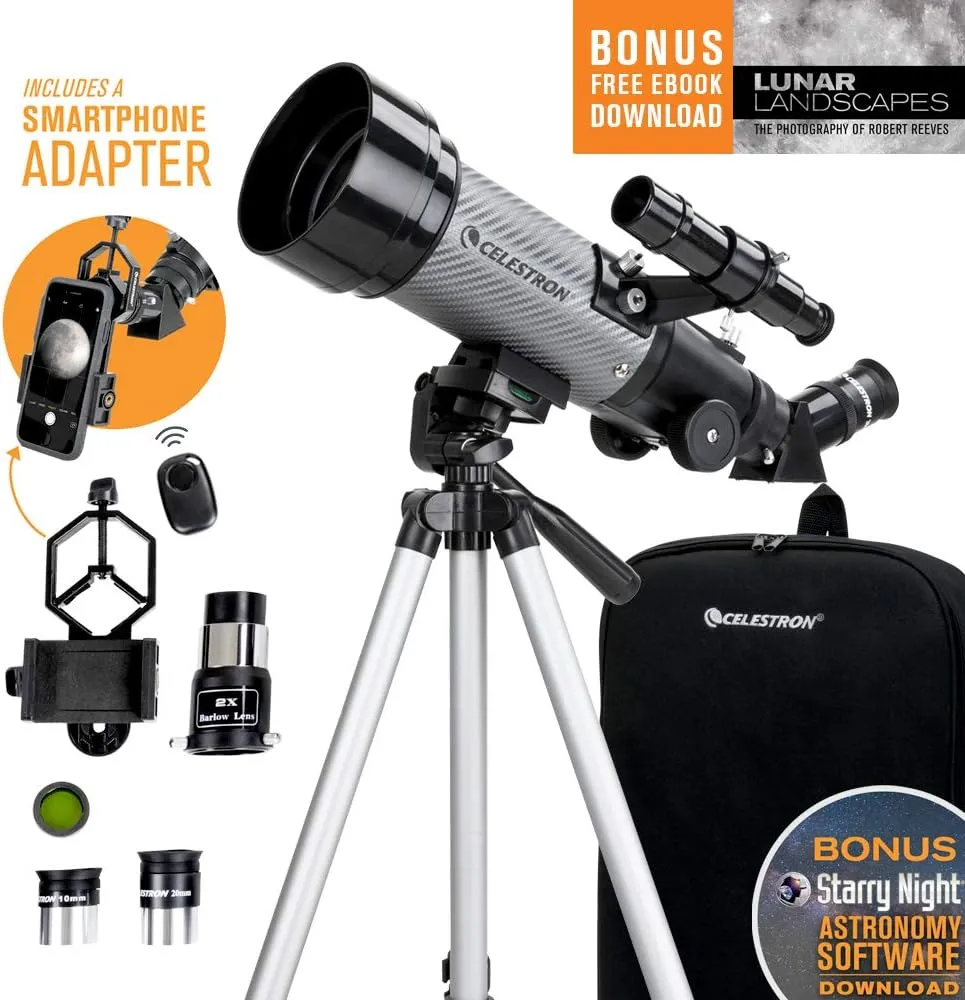 Celestron Travel Scope 70DX Portable Refractor Telescope – 70mm Aperture, Fully-Coated Glass Optics – Includes Bonus Phone Adapter, Backpack & More – Ideal for Beginners & Travel