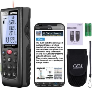 CEM Laser Distance Measure with Bluetooth 229ft,Laser Measuring Tool IP54,Measure Pythagorean&Angle&Area&Volume Min/Max,Laser Measure Meter M/in/Ft Switch,Include Batteries&Tripod Thread&Illumination