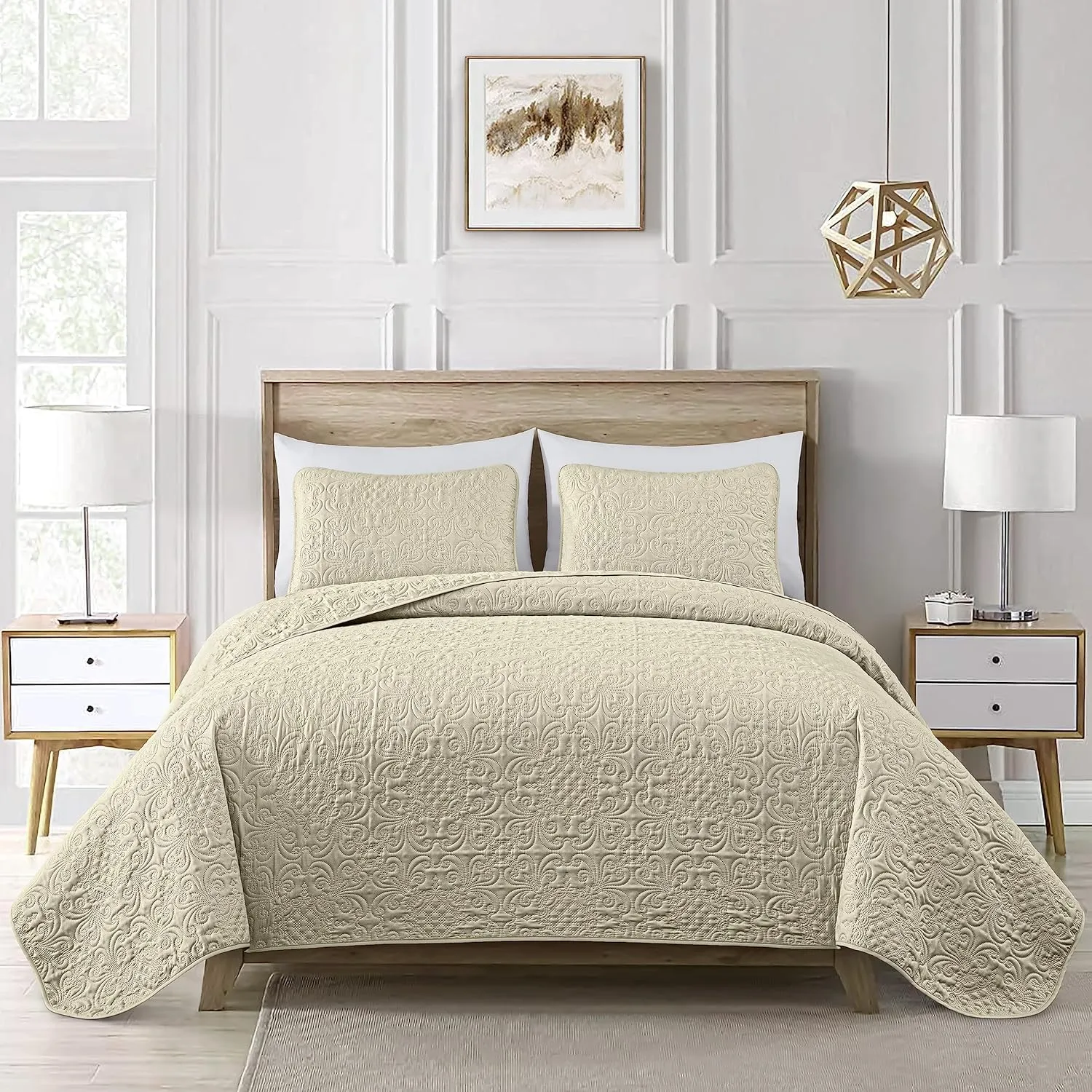Chezmoi Collection Luca 3-Piece Oversized Bedspread Set, King Size, Beige - Summer Quilt Lightweight Microfiber Bedspread 118 x 106 - Floral Medallion Pattern Coverlet for All Season