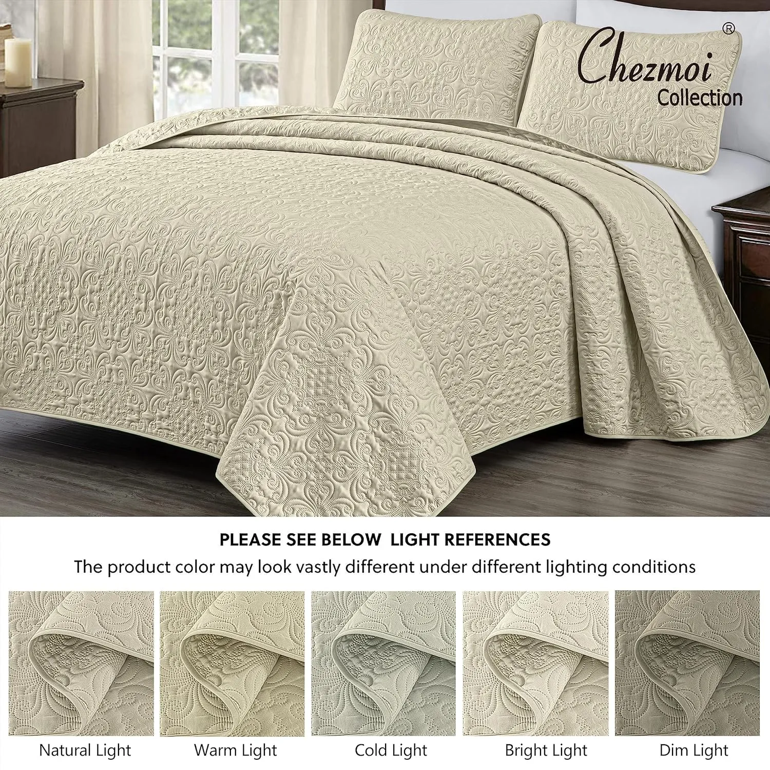 Chezmoi Collection Luca 3-Piece Oversized Bedspread Set, King Size, Beige - Summer Quilt Lightweight Microfiber Bedspread 118 x 106 - Floral Medallion Pattern Coverlet for All Season