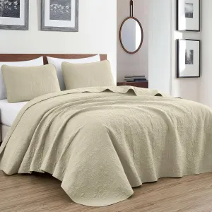 Chezmoi Collection Luca 3-Piece Oversized Bedspread Set, King Size, Beige - Summer Quilt Lightweight Microfiber Bedspread 118 x 106 - Floral Medallion Pattern Coverlet for All Season