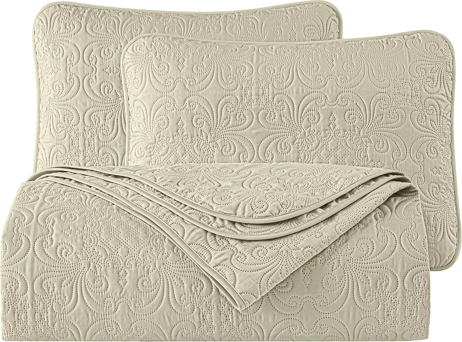 Chezmoi Collection Luca 3-Piece Oversized Bedspread Set, King Size, Beige - Summer Quilt Lightweight Microfiber Bedspread 118 x 106 - Floral Medallion Pattern Coverlet for All Season
