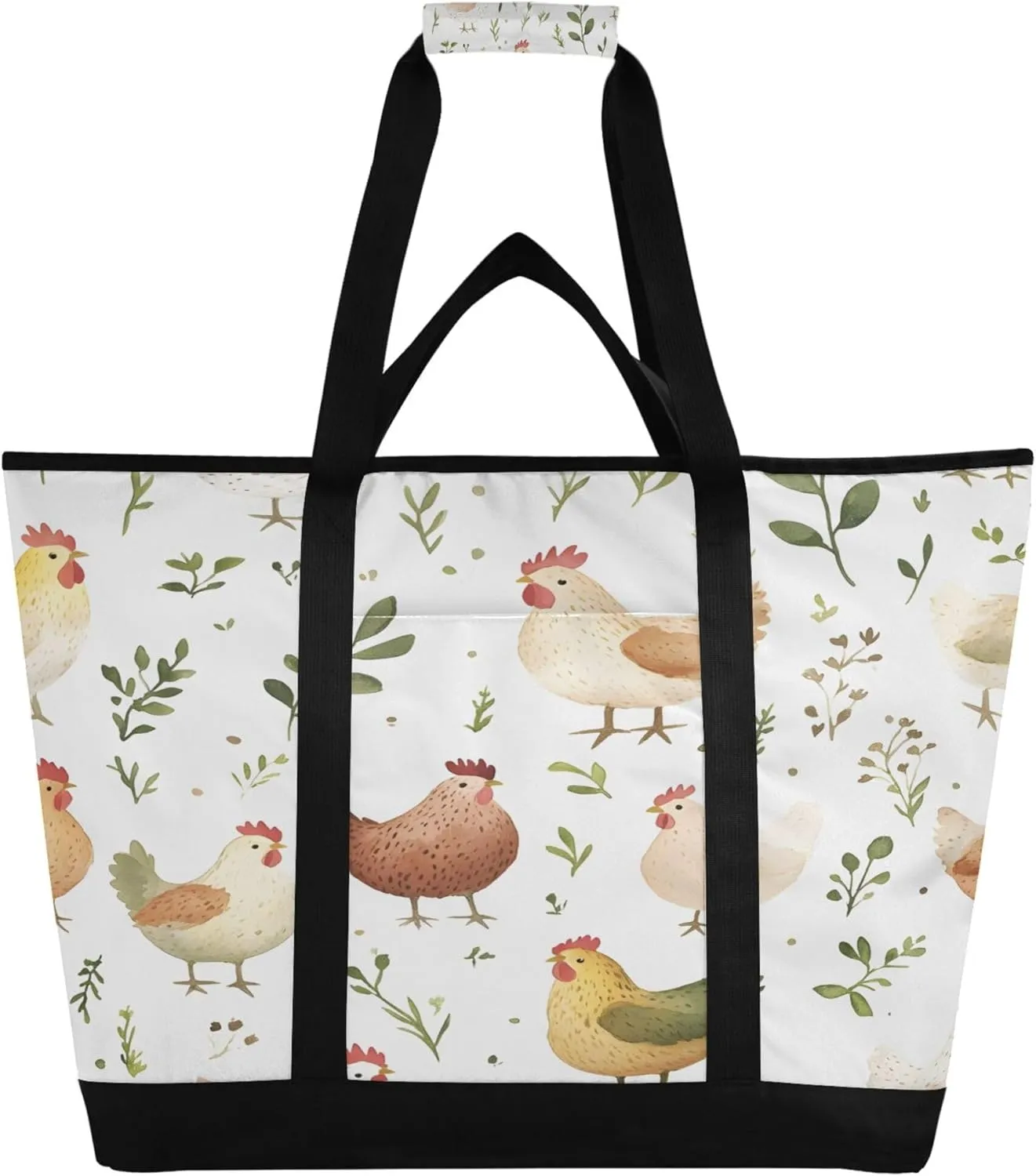 Chickens Reusable Insulated Cooler Bag with Ice Pack Compartment - Large 47L Waterproof Thermal Grocery Tote for Picnic Beach Camping Lunch Storage