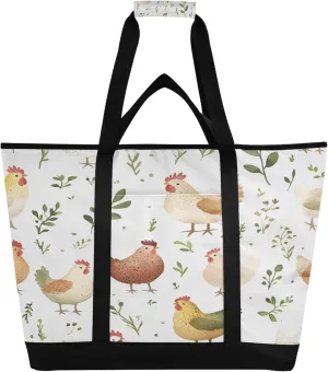 Chickens Reusable Insulated Cooler Bag with Ice Pack Compartment - Large 47L Waterproof Thermal Grocery Tote for Picnic Beach Camping Lunch Storage