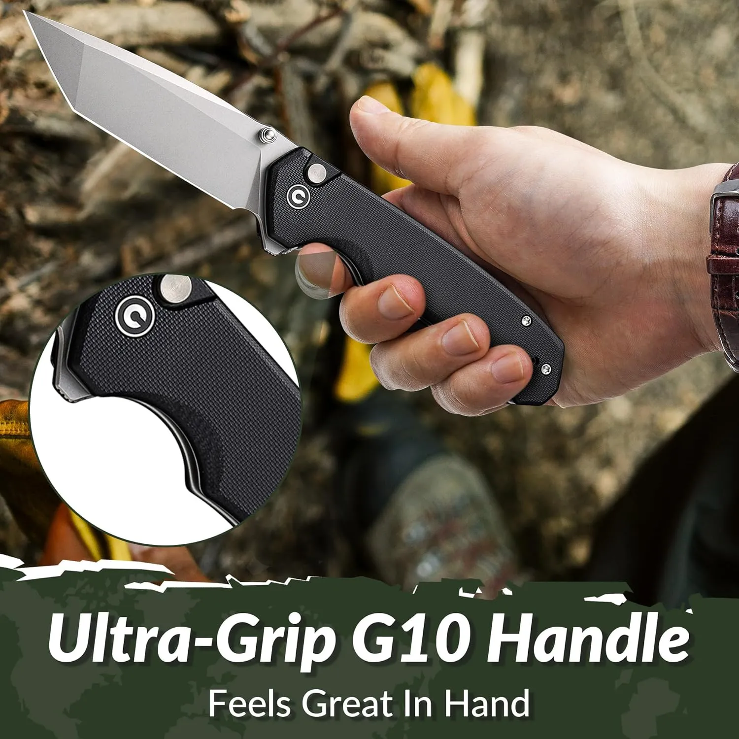 CIVIVI Brazen Folding Knife, Button Lock Pocket Knife with 3.46'' Swedish 14C28N Tanto Blade, Ultra-Grip G10 Handle, Low Profile Clip for EDC C19059C-1 (Black)