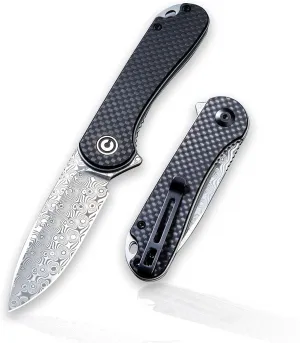 CIVIVI Elementum Damascus Pocket Knife - Lightweight Folding Knife 2.96" Blade,Black G10 Handle with Carbon Fiber Overlay,Good for Camping Outdoor C907DS