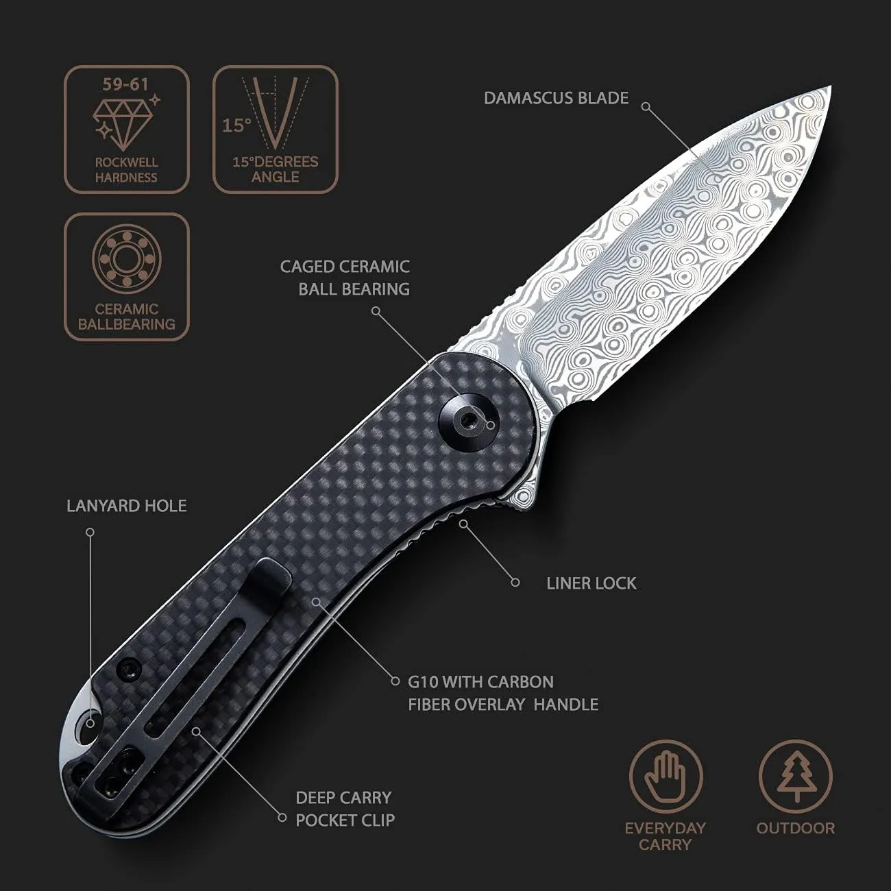 CIVIVI Elementum Damascus Pocket Knife - Lightweight Folding Knife 2.96" Blade,Black G10 Handle with Carbon Fiber Overlay,Good for Camping Outdoor C907DS