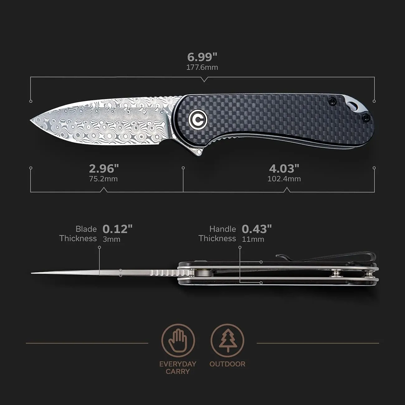 CIVIVI Elementum Damascus Pocket Knife - Lightweight Folding Knife 2.96" Blade,Black G10 Handle with Carbon Fiber Overlay,Good for Camping Outdoor C907DS