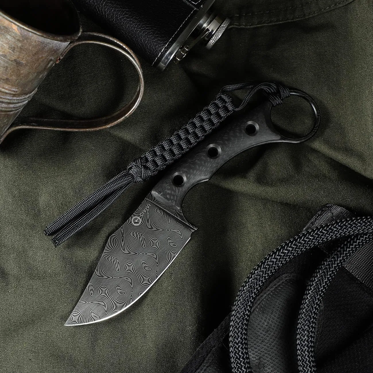 CIVIVI Midwatch Fixed Blade Knife, 3.39" Blade, with Kydex Sheath and Black Tied Paracord Lanyard C20059B