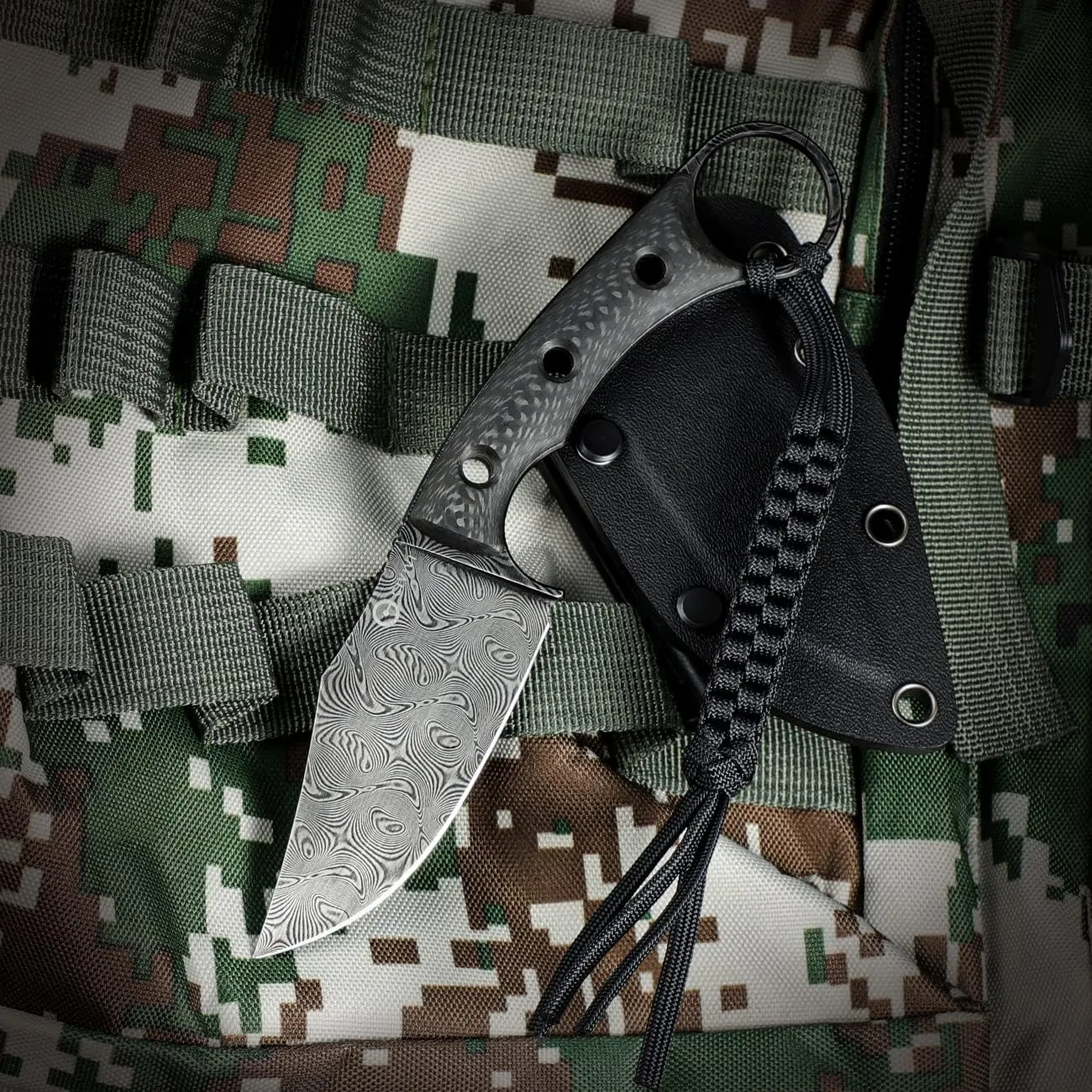 CIVIVI Midwatch Fixed Blade Knife, 3.39" Blade, with Kydex Sheath and Black Tied Paracord Lanyard C20059B