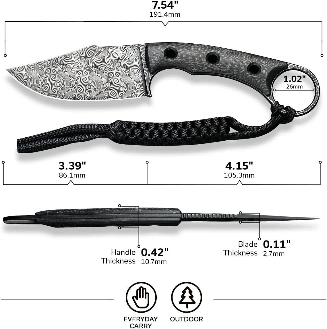 CIVIVI Midwatch Fixed Blade Knife, 3.39" Blade, with Kydex Sheath and Black Tied Paracord Lanyard C20059B