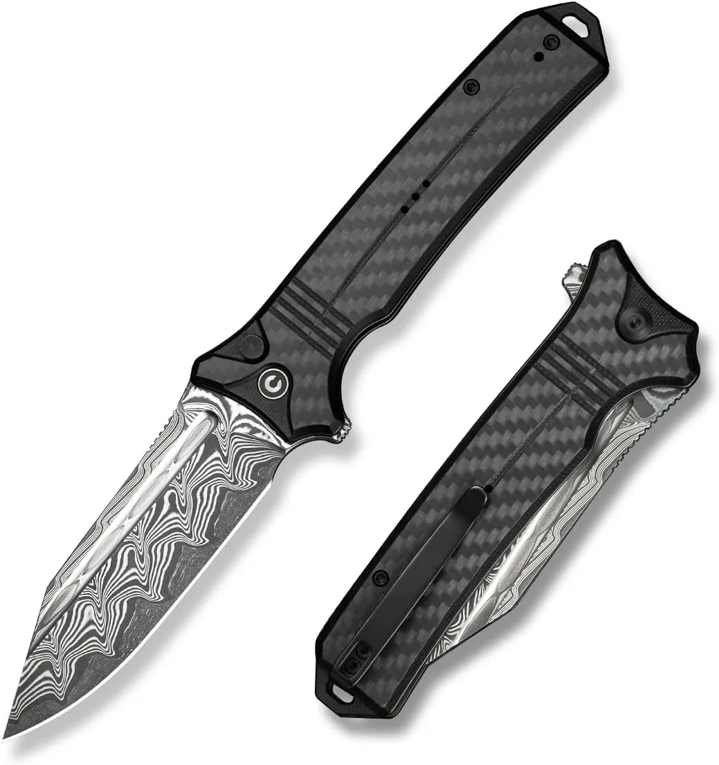 CIVIVI Neurohaptic Pocket Knife for EDC, Folding Knife with 3.74'' Damascus Blade Carbon Fiber & G10 Handle, Reversible Clip, Gift for Men Women C23080-DS1